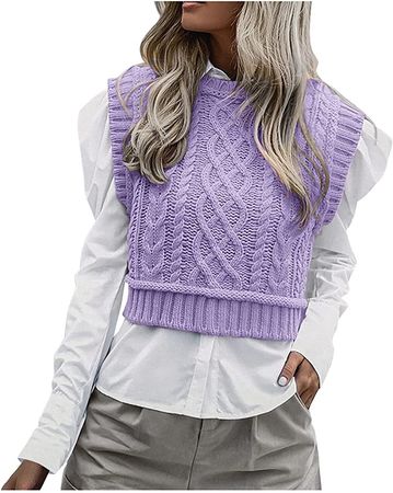 Women's Knitted Fashion All-Match Vest Pullover Casual Sleeveless Solid Color Sweater Knitting Shawl Sweater (Purple, M) at Amazon Women’s Clothing store