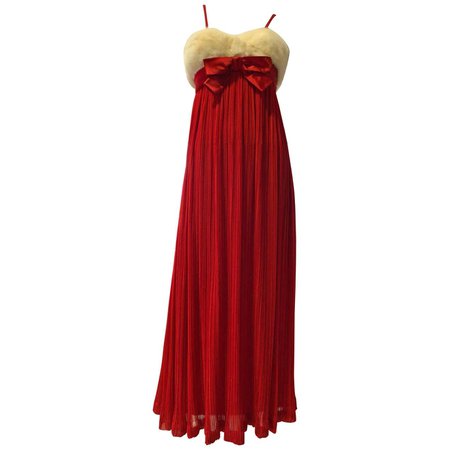 1964 Sarmi Red Silk Chiffon Pleated Empire Evening Gown W/ Mink Fur Bodice For Sale at 1stDibs