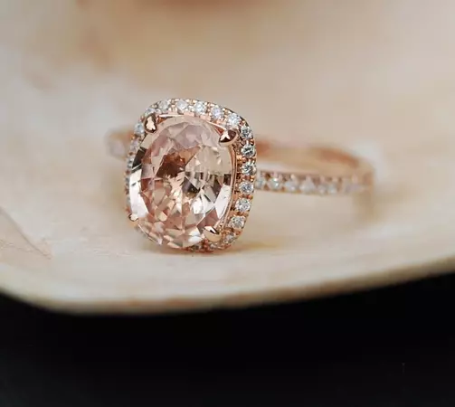Peach Sapphire Ring Rose Gold Engagement Ring 3.5ct cushion 14k rose gold diamond ring by Eidelprecious