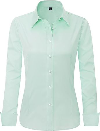 J.VER Womens Button Down Shirts Easy Care Long Sleeve Stretch Casual Dress Blouse Green Small at Amazon Women’s Clothing store