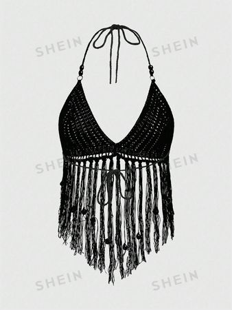 ROMWE Goth Versatile Vacation Sexy Knitted Tassel Halter Top With Beaded For Women | SHEIN USA