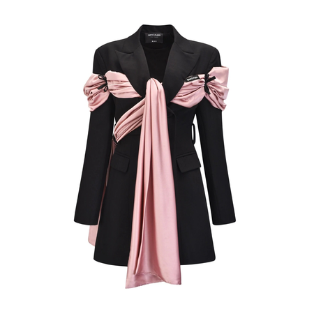 black blazer dress with pink ribbon