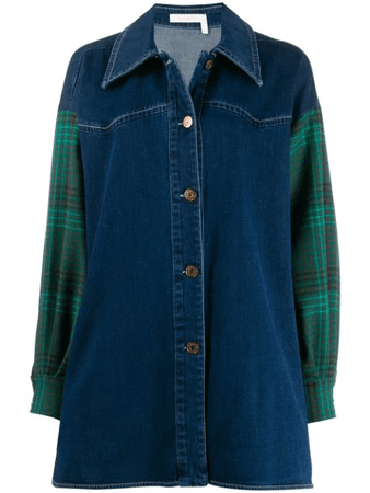 See By Chloé Oversized Denim And Checked Twill Shirt In Blue | ModeSens
