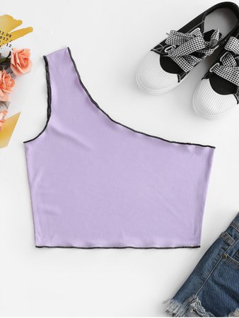 [27% OFF] [HOT] 2020 Ribbed One Shoulder Topstitch Crop Tank Top In HELIOTROPE PURPLE | ZAFUL