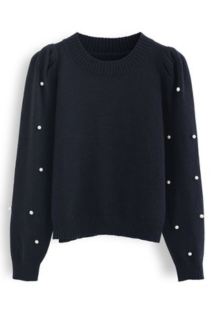 Pearl Trim Sleeves Ribbed Knit Sweater in Smoke - Retro, Indie and Unique Fashion