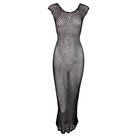 F/W 1995 Dolce and Gabbana Black Knit Sheer Fishnet Maxi Dress M For Sale at 1stdibs