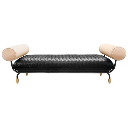 21th Century Modern Black Braided Leather Bench with Velvet White Arms