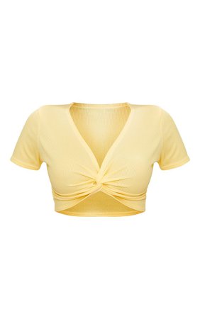 Lemon Rib Knot Front Short Sleeve Crop Top | PrettyLittleThing USA