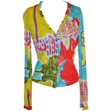 1st Dibs Christian LaCroix Bold Multi-Abstract Stretch Form-Fitting Button Top