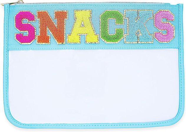 Amazon.com | Fablinks Clear Chenille Varsity Letter Zipper Pouch, Travel Snacks Bag, Aesthetic Storage Organizer Pouches for Women with Glitter Patch Letters (SNACKS-Aqua) | Packing Organizers