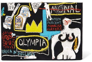 Basquiat Embroidered Cotton And Wool-blend Clutch - Black