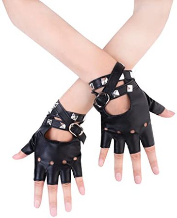 JISEN Women Punk Rivets Belt Up Half Finger PU Leather Performance Gloves White at Amazon Women’s Clothing store