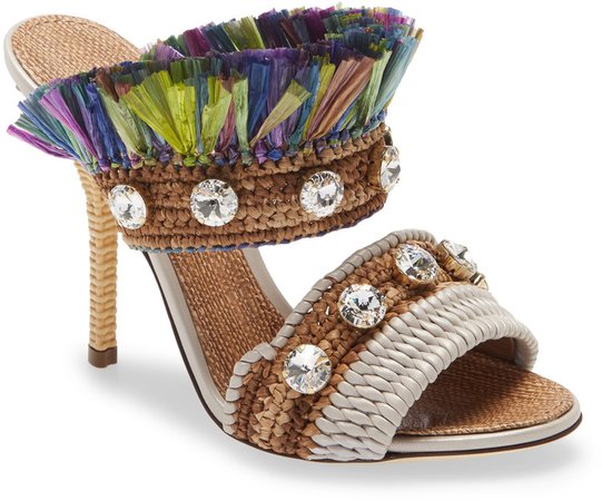 Raffia Fringe & Crystal Embellished Sandal