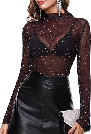 BBX Lephsnt Womens Layering Top Sparkle Sheer Mesh Long Sleeve Shirts Mock Neck See Through Tee Shirt at Amazon Women’s Clothing store