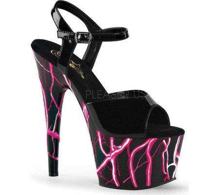 Womens Pleaser Adore 709NLB Ankle-Strap Sandal - Black/Black/Neon Blue Patent - FREE Shipping & Exchanges