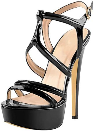 Amazon.com | Yolkomo Women's Open Toe Stiletto Heel Ankle Strap Platform Slingback Summer Gorgeous Sandals Black Size7 | Heeled Sandals