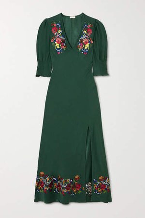 Carmen Embellished Embroidered Crepe Midi Dress - Dark green