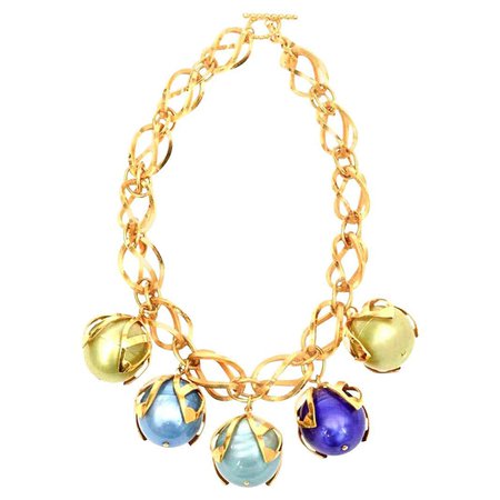 Dominique Aurientis Gold Link and Colored Resin Ball Necklace French 80's.