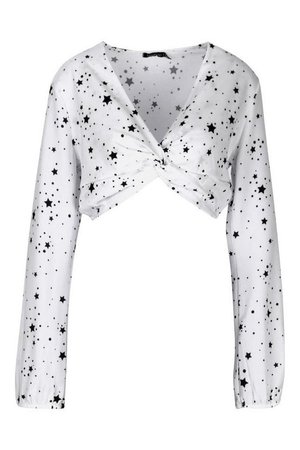 Star Print Knot Front Woven Crop | Boohoo