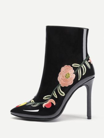 Flowers Embroidery Stiletto Ankle Boots