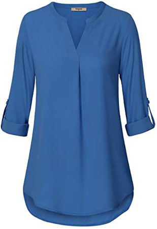 Timeson Women's Casual Chiffon V Neck Cuffed Sleeve Blouse Tops at Amazon Women’s Clothing store