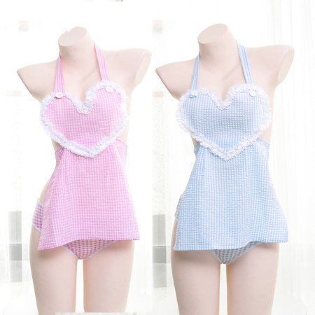 Sexy Women Lattice Heart shaped Apron Suit Kawaii Female Women Cosplay Maid Underwear Nightdress Pink & Blue on AliExpress