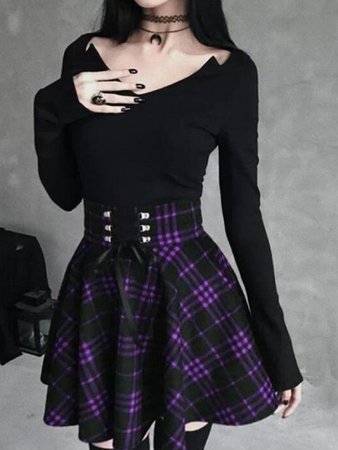 Purple-Black Plaid Draped High Waisted Skater Tutu Homecoming Gothic Alternative Goth Vintage Skirt - Skirts - Bottoms