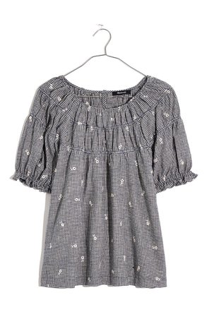 Madewell Embroidered Gingham Shirred Puff Sleeve Top | Nordstrom