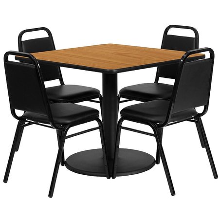 Flash Furniture, 36'' Square Natural Laminate Table Set with Round Base and 4 Black Trapezoidal Back Banquet Chairs