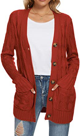 UEU Women's Long Sleeve Open Front Button Down Cable Knit Cardigan Sweater with Pockets at Amazon Women’s Clothing store