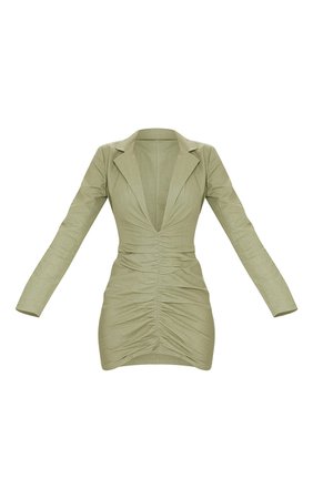 Khaki Plunge Ruched Front Blazer Dress | PrettyLittleThing USA
