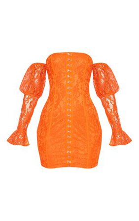 Orange Hook & Eye Lace Bardot Bodycon Dress | PrettyLittleThing USA