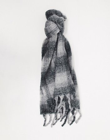 ASOS DESIGN wool mix long fluffy tonal check scarf in gray | ASOS