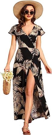 Ever-Pretty Women's Deep V Neck Sash High Low Front Split Summer Beach Dress Maxi Sundress 01827 at Amazon Women’s Clothing store