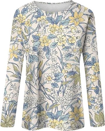 Amazon.com: Women's Fashion Casual Floral Printed Round Neck Long Sleeve Pullover Top : Clothing, Shoes & Jewelry