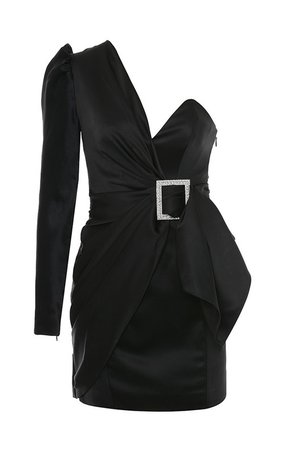 Clothing : Bodycon Dresses : 'Chiara' Black One Shoulder Draped Satin Dress