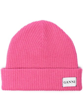 Ganni Pink Knitted Logo Beanie - Farfetch