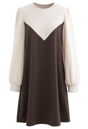 Casual Two-Tone Sweatshirt Dress in Brown - Retro, Indie and Unique Fashion