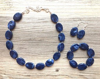 Navy Blue Statement Necklace Jewelry Set Chunky Jewelry Big | Etsy