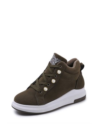 Suede Faux Pearl Detail Lace Up Sneakers