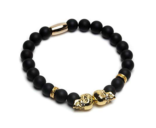 Amazon.com: ZENGER 18kt Gold Double Skull Beaded Bracelet (Matte Agate): Jewelry
