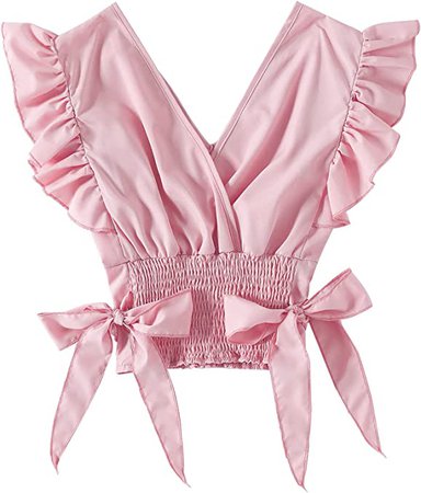 LYANER Women's V Neck Ruffle Cap Sleeve Shirred Hem Blouse Crop Tank Top Pink Small at Amazon Women’s Clothing store