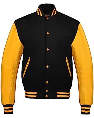 Mens Varsity Jacket Wool Body Genuine Leather Arms Letterman Jacket College Varsity Jackets (XX-Large, Black-Gold) at Amazon Men’s Clothing store
