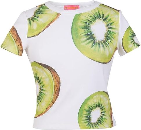 Juakoso Women Fruit Print Short Sleeve Baby Tee 2000s Girls Slim Crop Round Neck Shirt Y2k Going Out Aesthetic Streetwear at Amazon Women’s Clothing store
