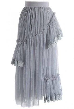 Walk On Cloud Asymmetric Ruffle Tulle Skirt in Grey - Skirt - BOTTOMS - Retro, Indie and Unique Fashion