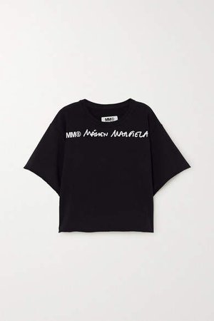 Cropped Printed Cotton-blend Jersey T-shirt - Black