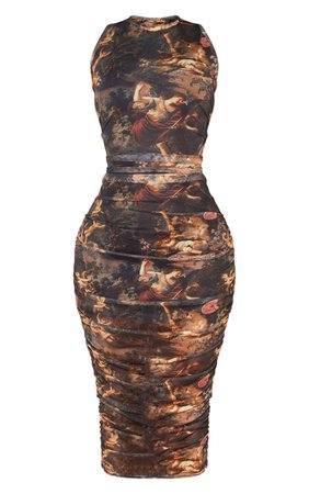 Shape Brown Renaissance Print Sleeveless Midi Dress | PrettyLittleThing