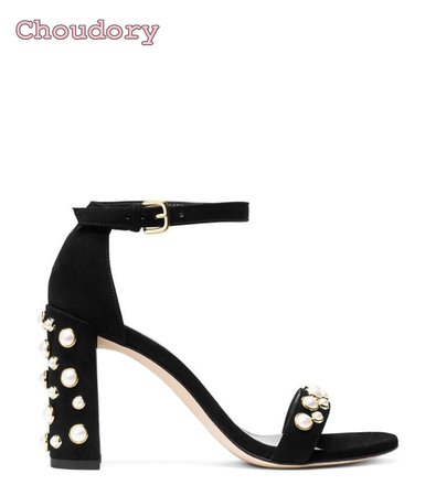 black sandals new chunky heel suede pearl sandals rivets leather and shoes woman