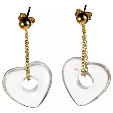 Heart Crystal Rock 18 Karat Yellow Gold Dangle Valentine's Day Earrings For Sale at 1stDibs | valentines day earrings, long earrings design artificial
