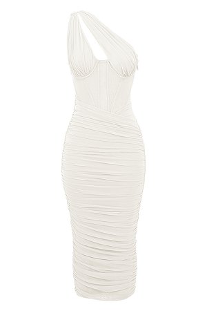Clothing : Midi Dresses : 'Valentina' Ivory Asymmetric Cutout Midi Dress